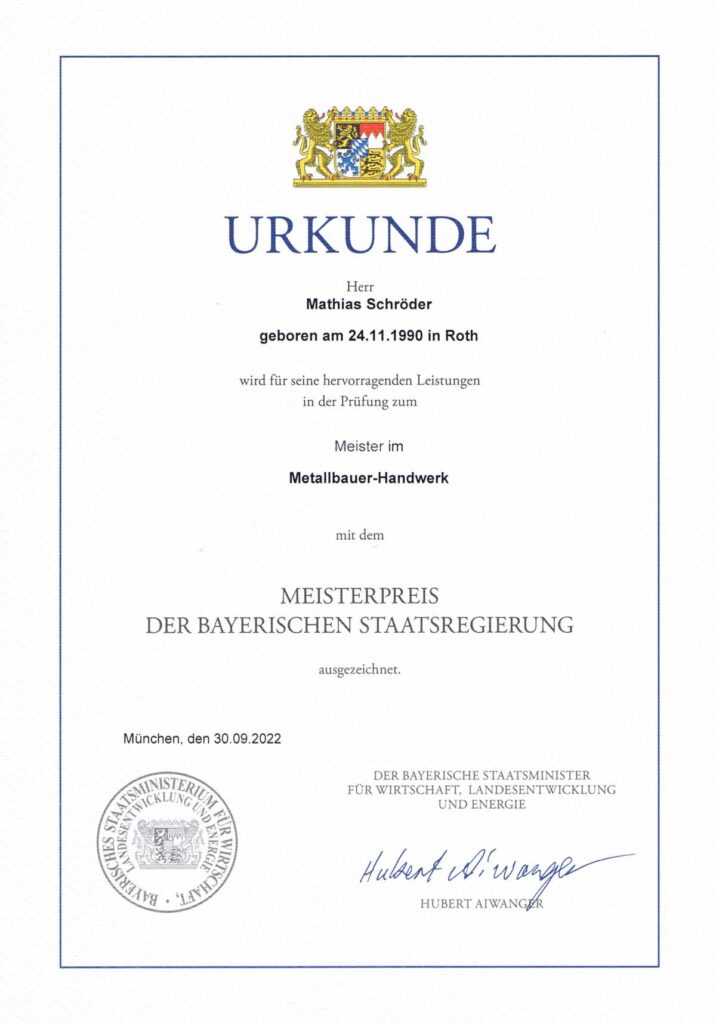 Urkunde Meisterpreis der Bayrischen Staatsregierung M.Schroeder 1