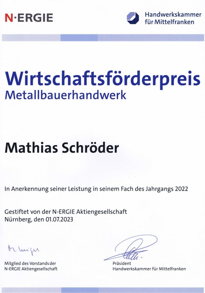Urkunde Wirtschaftsfoerderpreis M. Schroeder 1